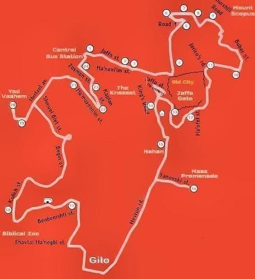 Plan du Hop On Hop Off bus tours de Jerusalem